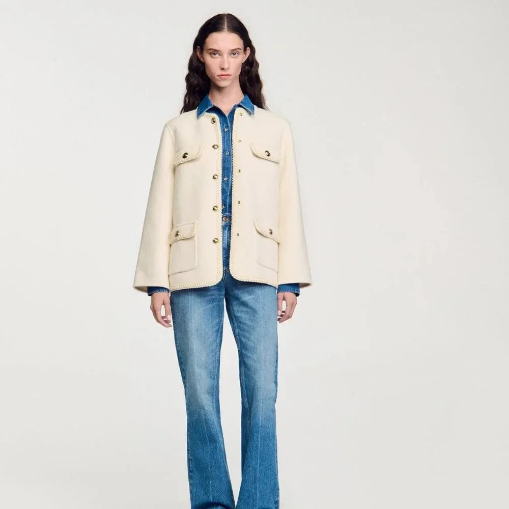 Sandro Cream Preppy Coat with Braided Trim - Picture 3 of 11